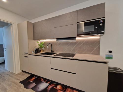 a kitchen with a sink and a microwave at Il Nido del Bernina 2 minuti dalla stazione Clessidra2 bilocale in Tirano