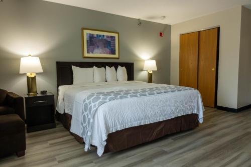 a hotel room with a large bed and two lamps at Wyndham Garden Madison Fitchburg in Madison