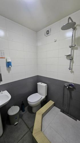 a bathroom with a toilet and a sink and a shower at Malta Hotel in Batumi