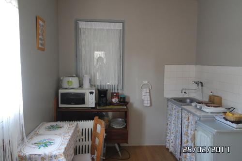 a kitchen with a sink and a microwave and a table at Mas Grimaud - Gîte- Studio et chambres d'hôtes familiales in Eygalières