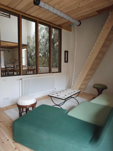 a living room with a green couch and a table at Domaine du Moulin Français in Champougny