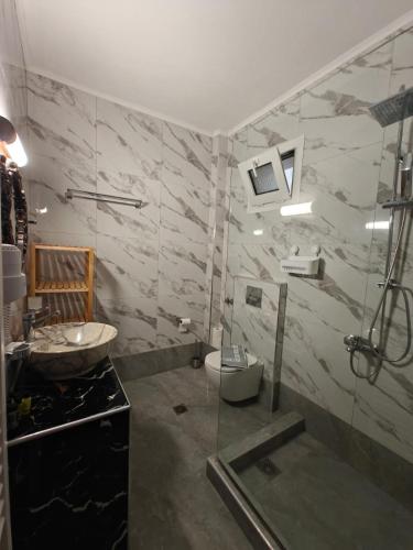 a bathroom with a sink and a toilet at Villa Askamnia and Suites in Nikiti