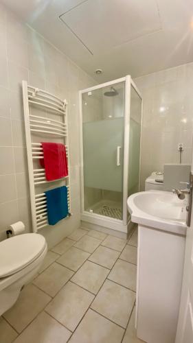 a bathroom with a toilet and a sink and a shower at Gite Escale en Ville in Louviers