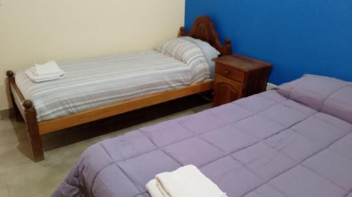 a bedroom with two beds and a blue wall at El Boulevard in Viedma