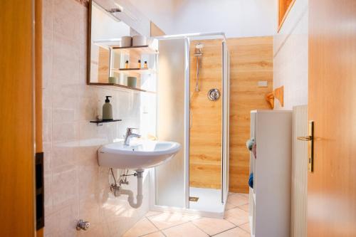 a bathroom with a sink and a shower at Residenza Garibaldi - Cirmolo in Molveno