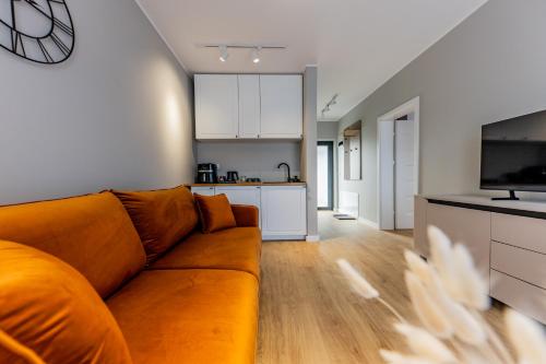 a living room with a couch and a kitchen at Apartamenty i pokoje deluxe PÓŁNOCNA PRZYSTAŃ in Przewłoka