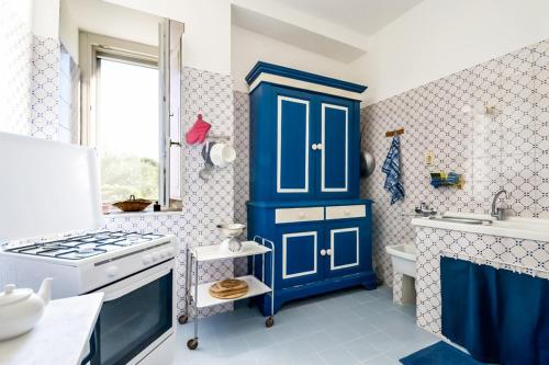 a blue and white kitchen with a stove and a sink at Dimora Storica Villa Pietralunga in Nicosia