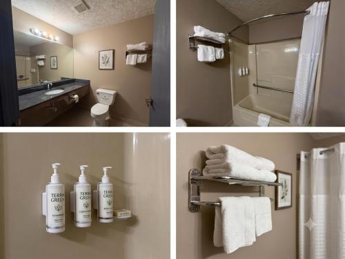 two pictures of a bathroom with a shower and towels at Super 8 by Wyndham Harrison OH in Harrison