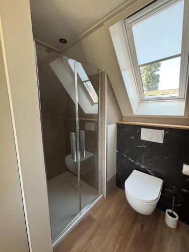 a bathroom with a shower with a toilet and a window at Lodge Wieringen in Hippolytushoef