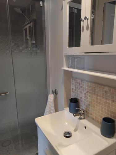 a bathroom with a sink and a shower at La Petite Grange in Langourla