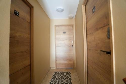 a hallway with two wooden doors and a rug at T2 Les Suites du Roubion in Montélimar