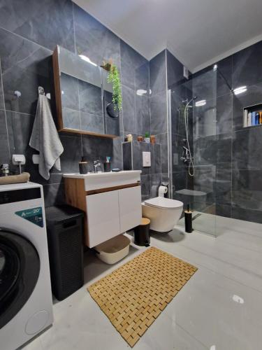 a bathroom with a shower and a sink and a washing machine at Apartment Dalas 2 Star Dojran in Star Dojran