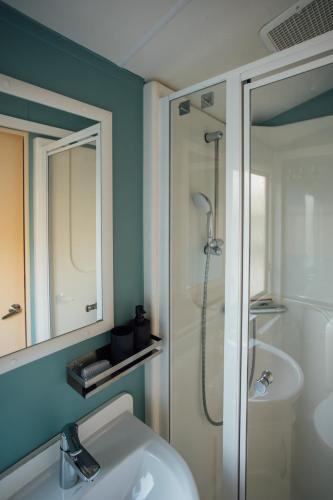 a bathroom with a white sink and a shower at Tiny House Kleinrettbach 