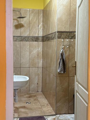 a bathroom with a shower and a sink at Chateau Vincze in Sátoraljaújhely