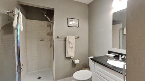 a bathroom with a shower and a toilet and a sink at 135 Marina Place in Dillon