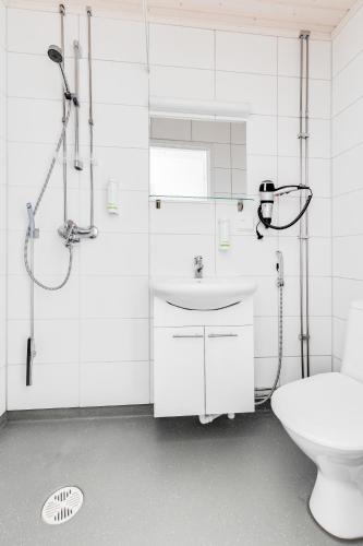 a bathroom with a shower and a sink and a toilet at LODGE Aparthotel Raahe in Raahe