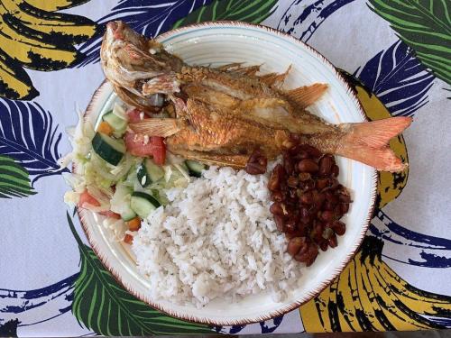 a plate of food with rice and fish and vegetables at Arriyaladub traditional cabins San blas in Masargantupo