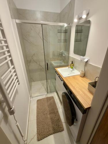 a bathroom with a shower and a sink and a mirror at Bracka Dom in Pabianice