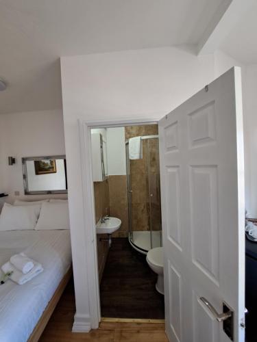 a bedroom with a bed and a sink and a toilet at The West Pier Residence in Brighton & Hove