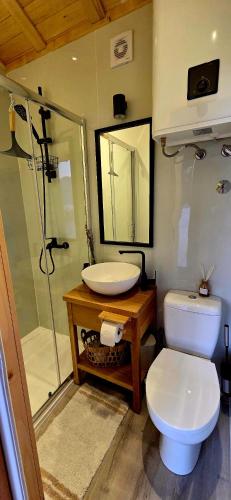 a bathroom with a toilet and a sink and a shower at Tiny Merak - Ramsko jezero in Kovačevo Polje