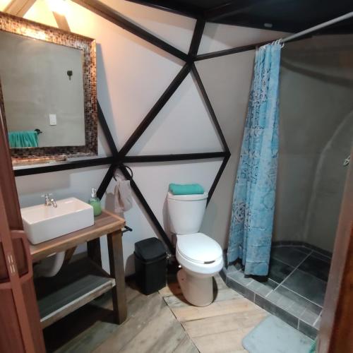a bathroom with a toilet and a sink and a mirror at Casa Domo Glamping Entre las Nubes in Santa Rosalía