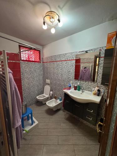 a bathroom with a sink and a toilet and a mirror at La casa dei Ruc in Capo di Ponte