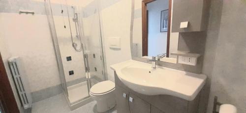 a bathroom with a sink and a toilet and a shower at Via Roma OttantaDue in Valmadrera