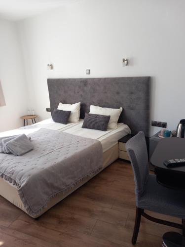 ein Schlafzimmer mit einem großen Bett und einem Stuhl in der Unterkunft Guest house Skabrin in Bansko