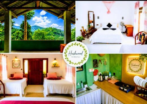 two pictures of a bedroom with two beds in it at Hushwood ELLA in Ella
