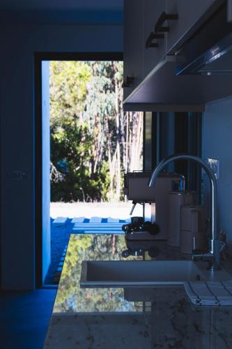 a kitchen with a sink and a view of a yard at Vale De Água Equestrian Resort in Odemira
