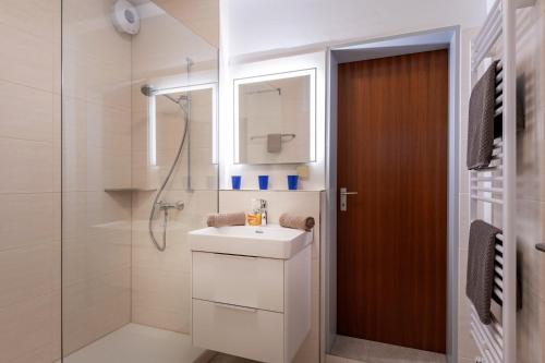 a bathroom with a sink and a shower and a mirror at Bergschlössl - Massionettwohnung 22 in Oberaudorf