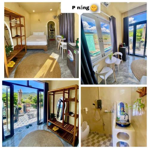 a collage of four pictures of a room with a bedroom at Nắng Vĩnh Hy in Ninh Hải