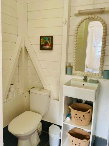 a bathroom with a toilet and a sink at Kaz Menard in Saint-Louis