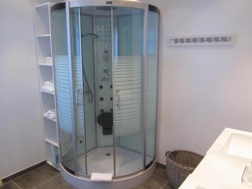 a shower with a glass door in a bathroom at Ferienwohnung Mauritiusstraße in Xanten