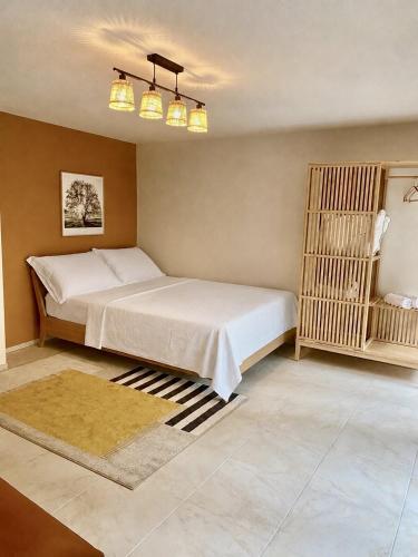 a bedroom with a large bed and two lights at Cosy studio dans un quartier animé et pittoresque in Fribourg