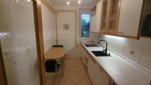 a small kitchen with a sink and a table at Apartma pri Boru in Ptuj