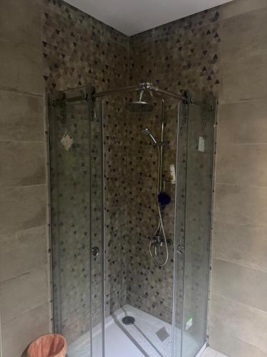 a shower with a glass door in a bathroom at New Alamein Latine district Spacious studio direct Lagon view in El Alamein