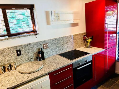 a kitchen with red cabinets and a counter top at The Tarragon in Hout Bay