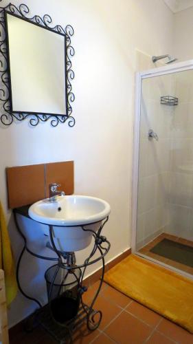 a bathroom with a sink and a shower with a mirror at Cosy Stay in Robertson