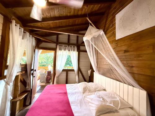 a bedroom with a bed with mosquito netting at Les Bananes Vertes Ecolodges in Saint-Claude