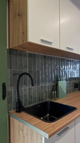 a kitchen with a black sink and a counter at Molfar green 