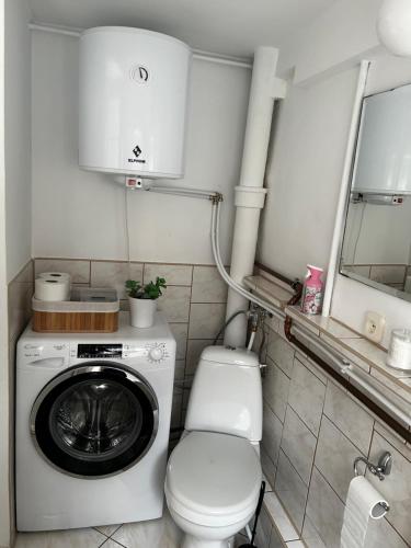 a bathroom with a washing machine and a toilet at Nadmorska Przystań in Ustka