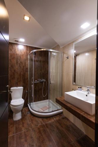 ein Badezimmer mit Dusche, Toilette und Waschbecken in der Unterkunft Amalias Hotel in Kourouta