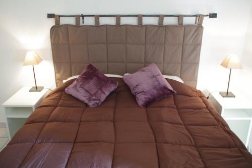 a bedroom with a bed with purple pillows and two lamps at La Résidence Des Oliviers in Bagnols-sur-Cèze