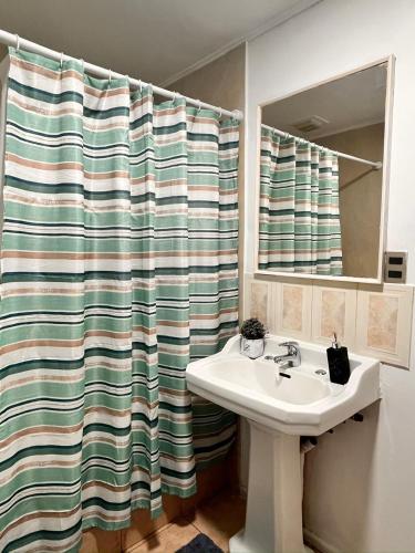 a bathroom with a sink and a shower curtain at The White House Hostel in Puerto Natales