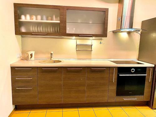 a kitchen with wooden cabinets and a sink at Klaipeda City Center Aparment in Klaipėda