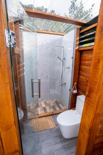 a bathroom with a shower and a toilet with a glass door at Altura secreta in Jarabacoa