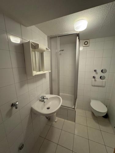 a white bathroom with a sink and a toilet at Monteurwohnung Hohenstadt in Hohenstadt