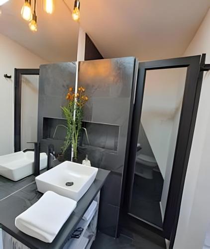 a bathroom with a sink and a mirror at 2 Family Lofts + central heating + comfort in Coihaique