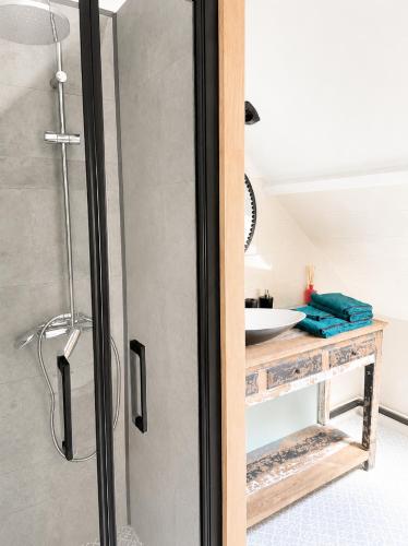 a shower stall in a bathroom with a sink at maison cosy centre ville in Ham